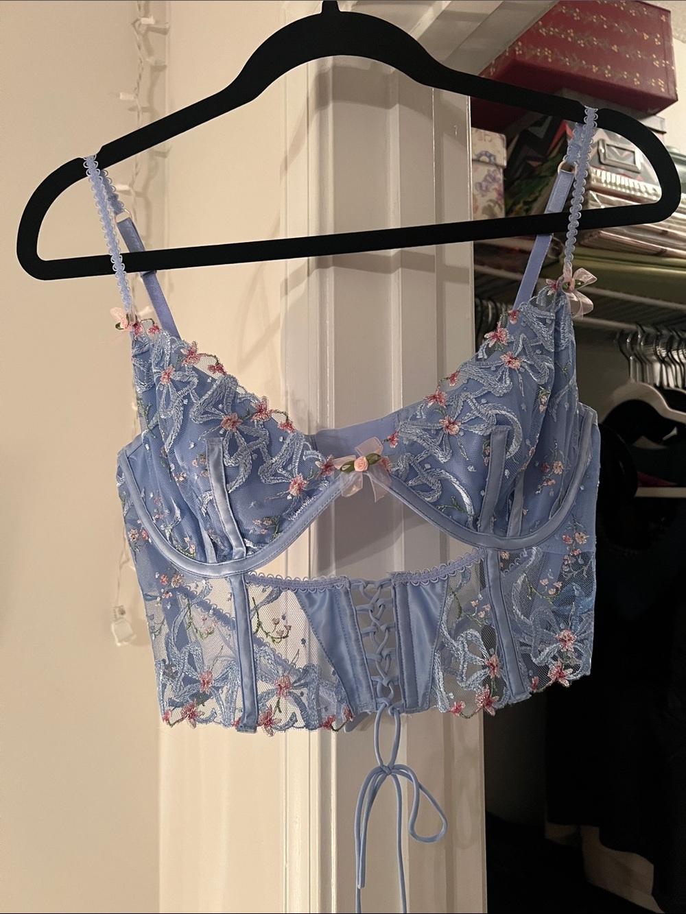 For Love And Lemons Powder Blue Embroidered Longline Bralette
